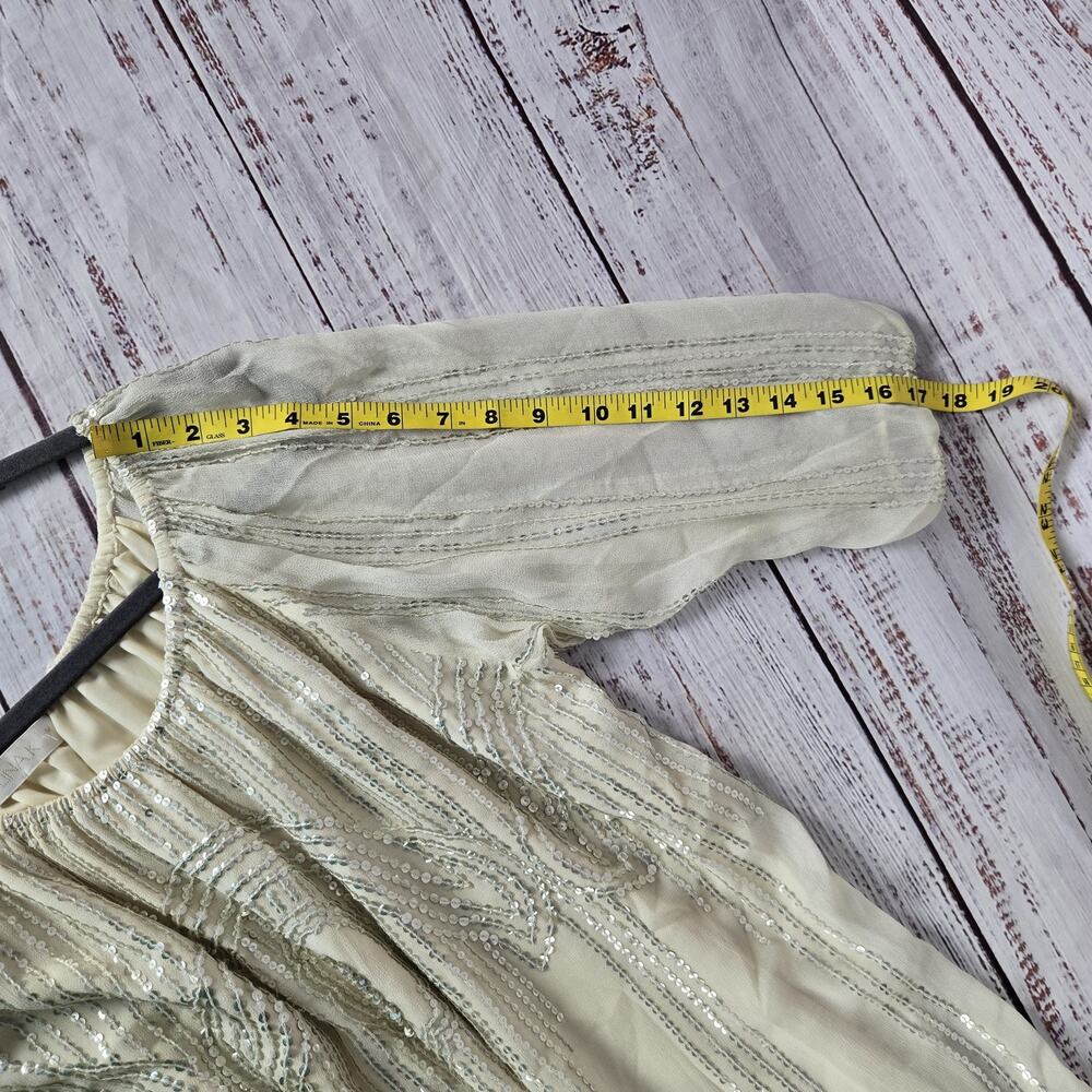 Carolina K Sequin Dress M Cream Cottagecore Sheer Sleeve Ruffle Tier Fairy Glam - Picture 13 of 15